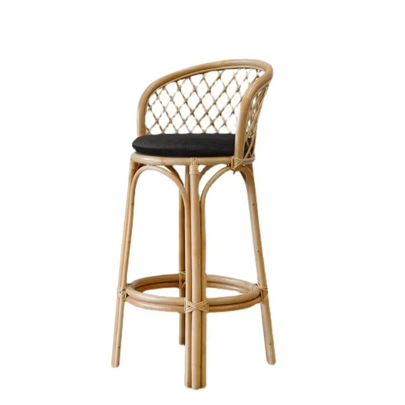 Nordic rattan high wine chair retro bar stool creative backrest natural wood cafe restaurant rattan stool