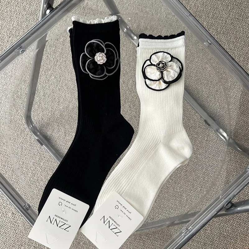 

Женские белые и черные носки Kawaii с цветочной оборкой Kawaii Girly Lolita