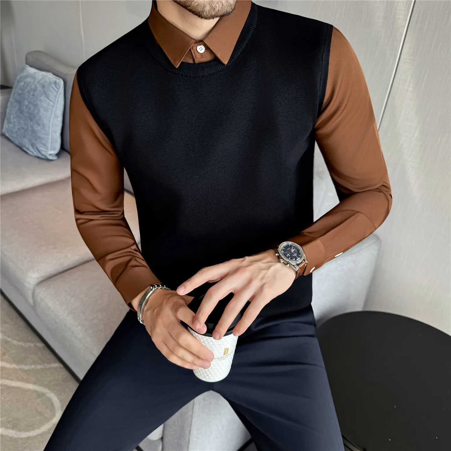 

Мужской свитер с защитой от скатывания, осенне-зимний модный толстый мужской повседневный свитер из 2 предметов, облегающие вязаные пуловеры с длинными рукавами