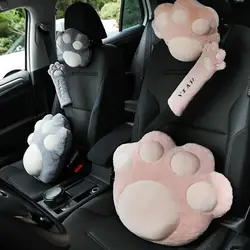 Plush Car Headrests Cute Cat Paws Car Neck Protection Universal Soft Lumbar Pillow Back Car Cushion Accessories