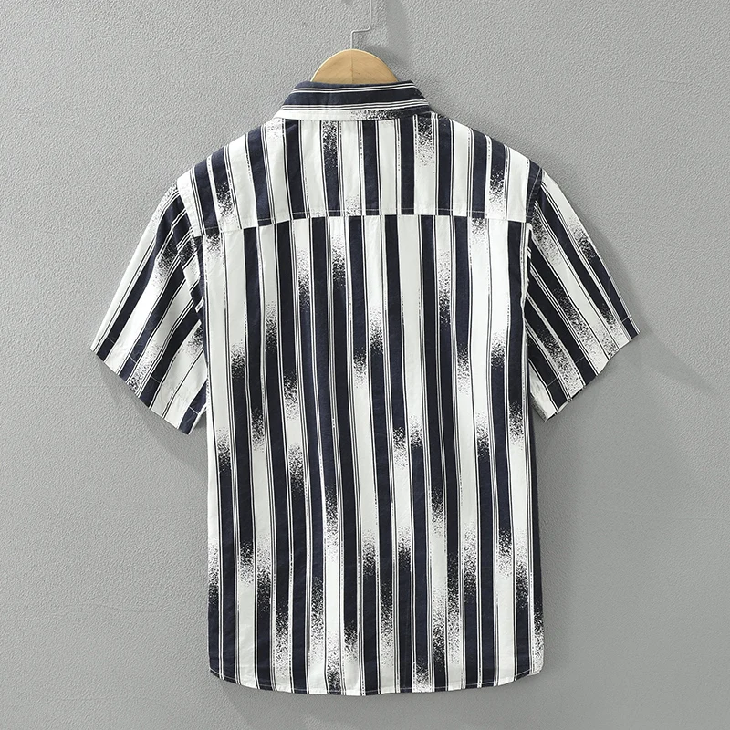 Camisa de manga corta a rayas para hombres, cuello vuelto, camisas casuales, ropa suelta de algodón para hombres, moda