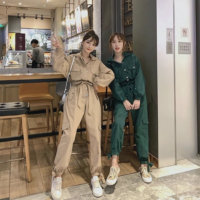 Spring Autumn New Women's Clothing Solid Color Lapel Long Sleeve Waist Leisure Cargo One-Piece Trousers