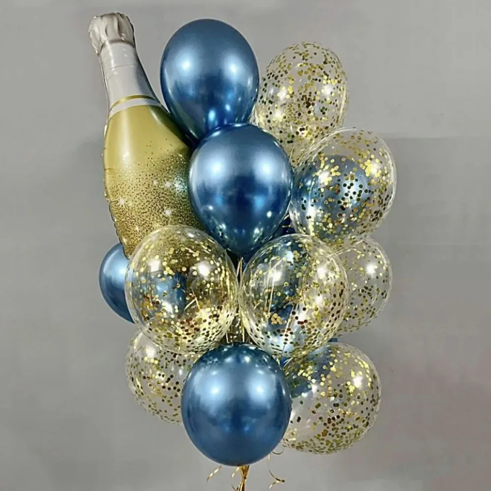 17pcs Gold Bottle Foil Balloon Mix Star Confetti Metal Gold Latex Balloons Set For Birthday Wedding Decorations New Year Decors