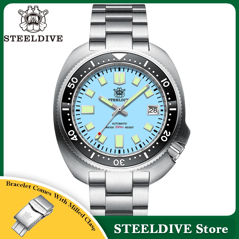 STEELDIVE Neuankömmling 44 mm SD1974 orangefarbenes Zifferblatt, Keramiklünette, superleuchtende 200 m NH35 automatische Taucheruhr mit gefrästem Verschluss