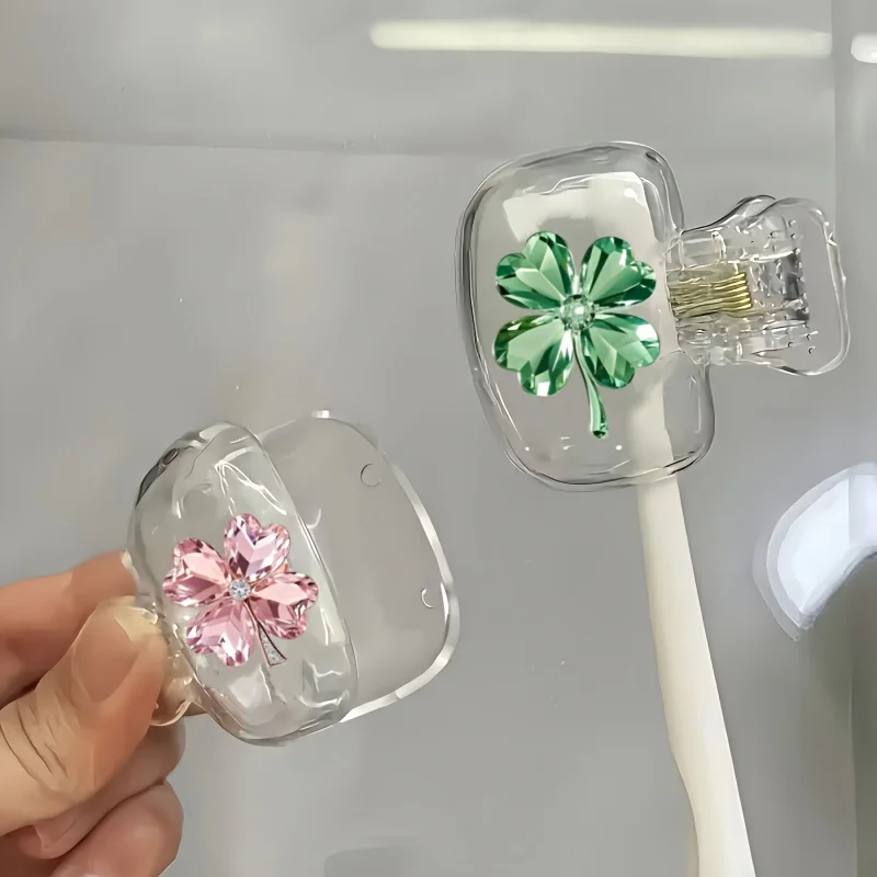 2pcs Crystal Four-Leaf Clover Pattern Toothbrush Clip Portable Combination Set Household Brush Clip Protective Cover Party Gifts