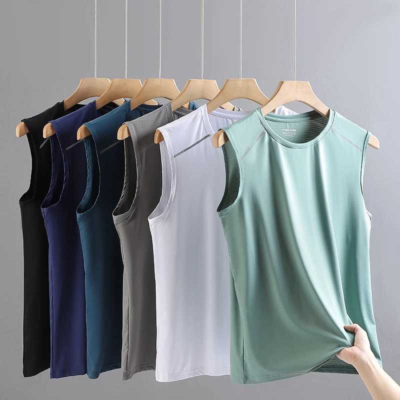 Summer Ice Silk Breathable and Sweat-absorbing Quick Drying Men's Sleeveless T-shirt Soft and Comfortable Men's Top