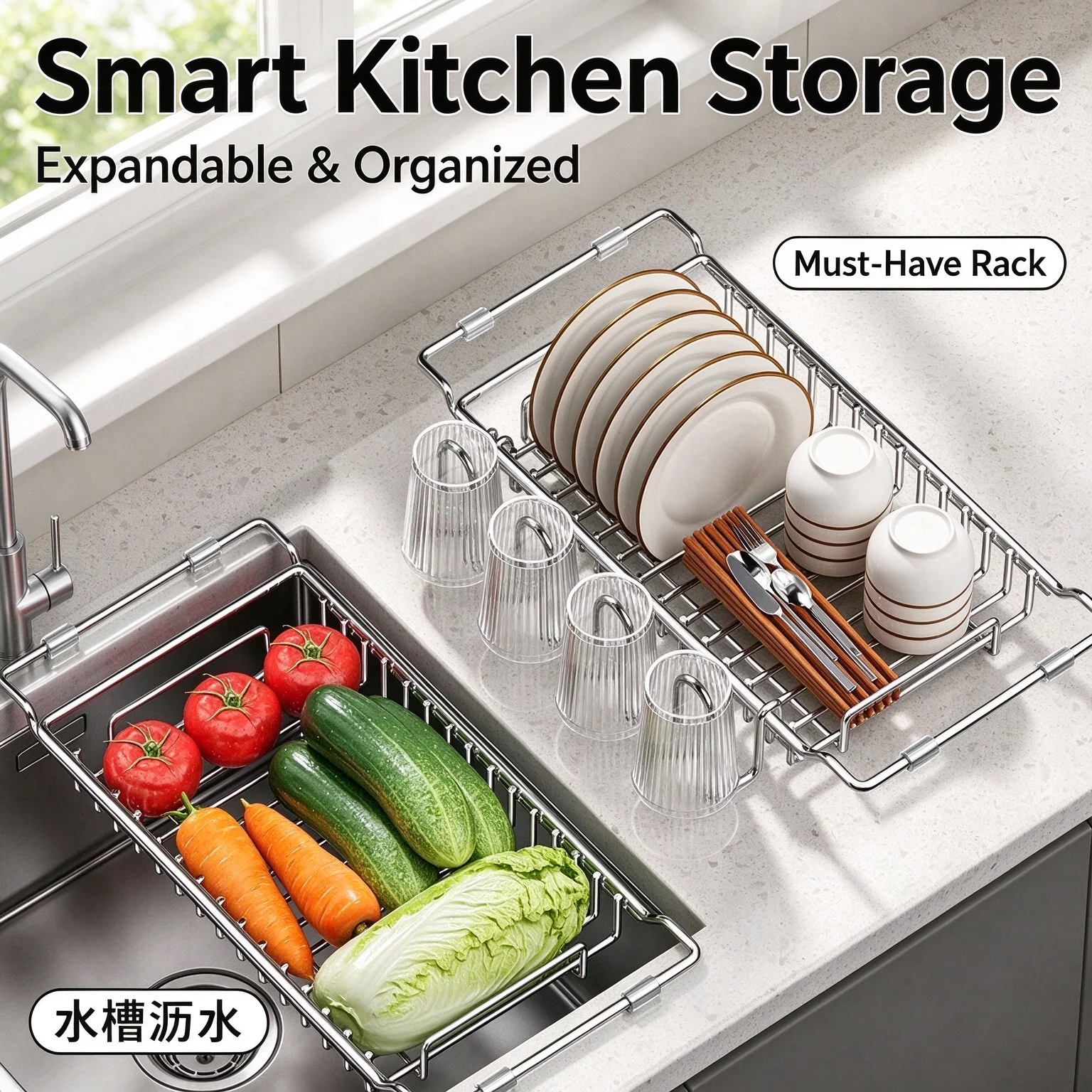 Silver Stainless Steel Sink Drain Rack Expandable 42-55cm Dish Drying Rack for Vegetable Fruit Kitchen