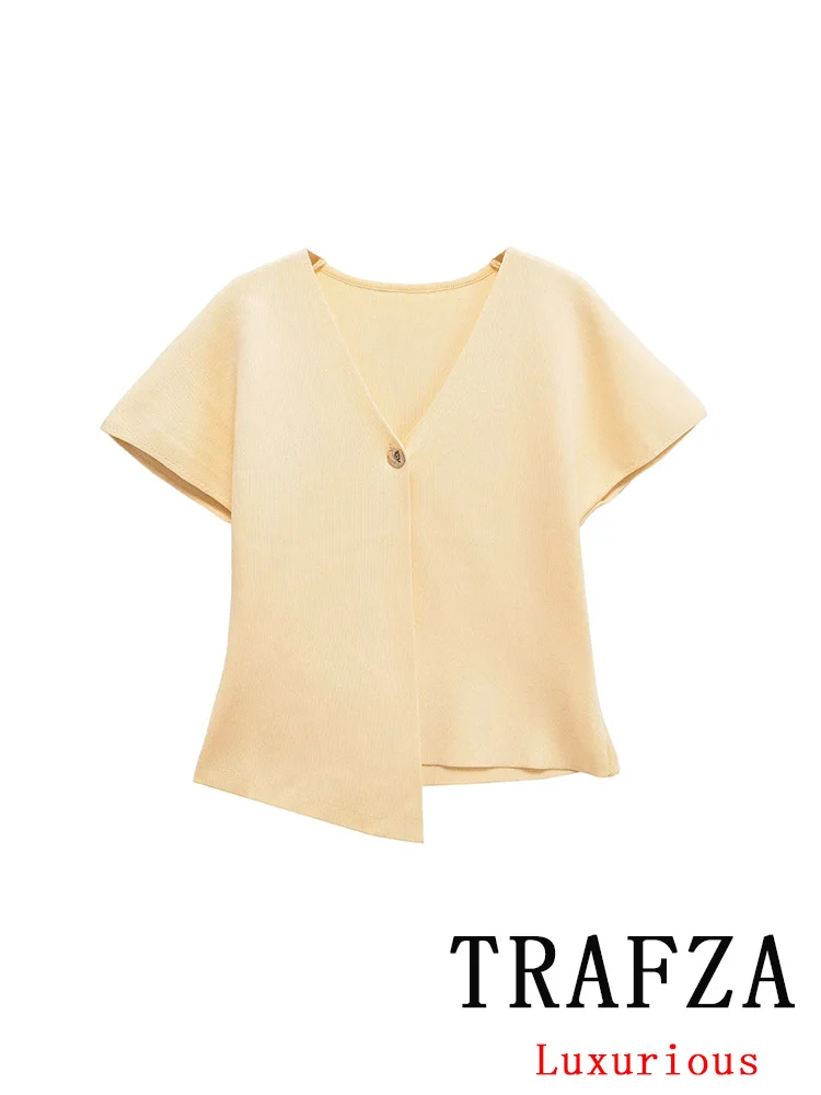 

TRAFZA Casual Chic Women Sweater Solid V-Neck Single Button Asymmetrical Knitted Tops New Fashion 2025 Autumn Holiday Sweaters