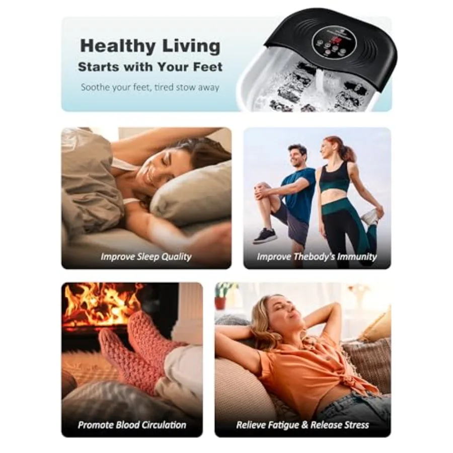 حمام سبا محمول قابل للطي للقدم مع تدليك فقاعات الحرارة العلاج بالضوء الأحمر التحكم في درجة الحرارة 8 بكرات شياتسو حجر الخفاف