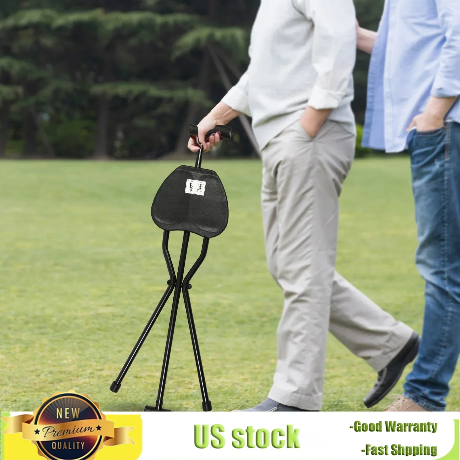 Multi-functional Foldable 3-Leg Cane Stool for Elderly, Portable Walking Aid w/ Tri-Leg Support, Lightweight Mobility Assistant