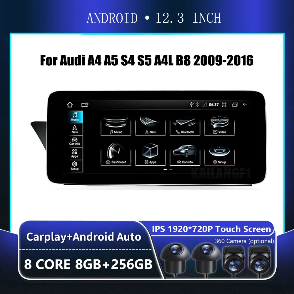 12.3 Inch Android Touch Screen For Audi A4 A5 S4 S5 A4L B8 2009-2016 Car Carplay Monitor Stereo Speakers Radio Multimedia Player