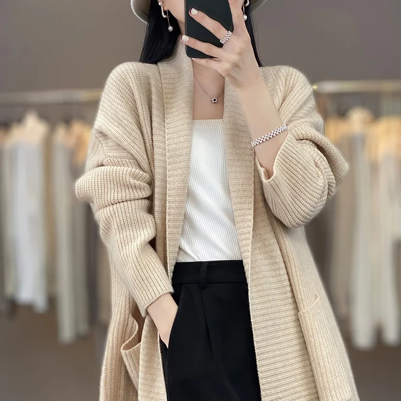 Lapel pocket women's new cardigan loose and atmospheric autumn and winter Blouse hollowed out mid length top