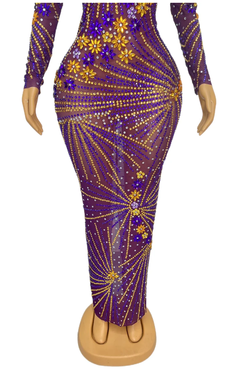 Abito lungo sexy in rete con strass viola, ballo di fine anno, compleanno, festeggiare, feste serali, aderente, costume di scena, abiti modello cantante