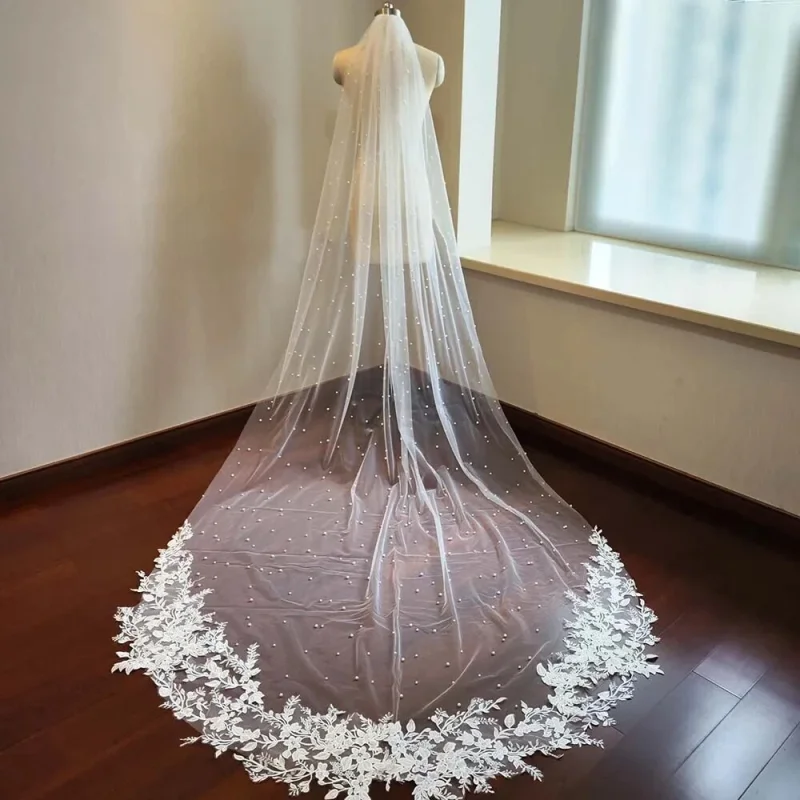 

Elegant Wedding Veil 3M Long Cathedral Lace Appliques Beading One Layer Bridal Veil With Comb Wedding Accessories Customized