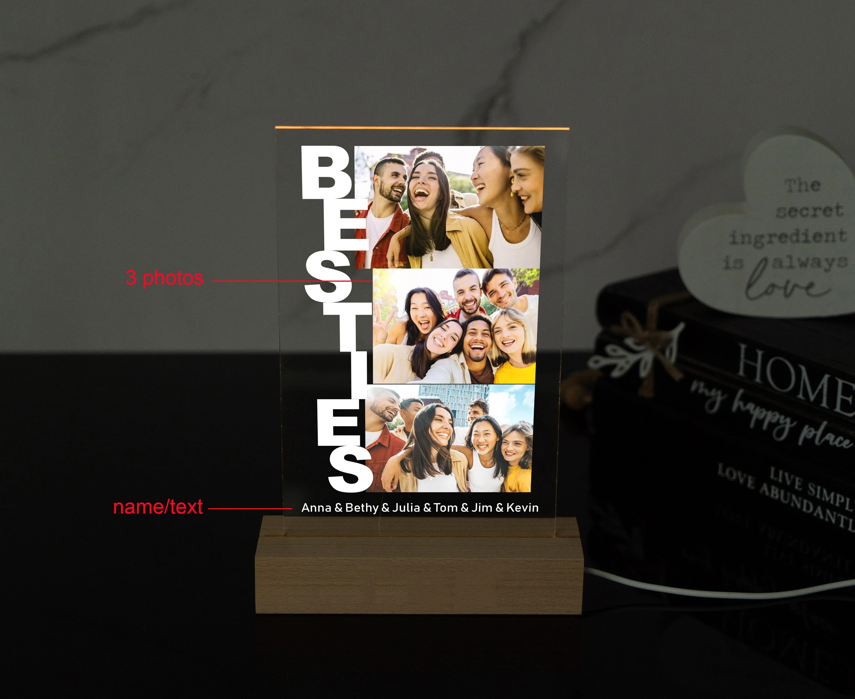 Personalized Besties Photo Plaque Custom Acrylic Board Night Light Best Friend Art Decor Personal Lover Friendship Collage Gift