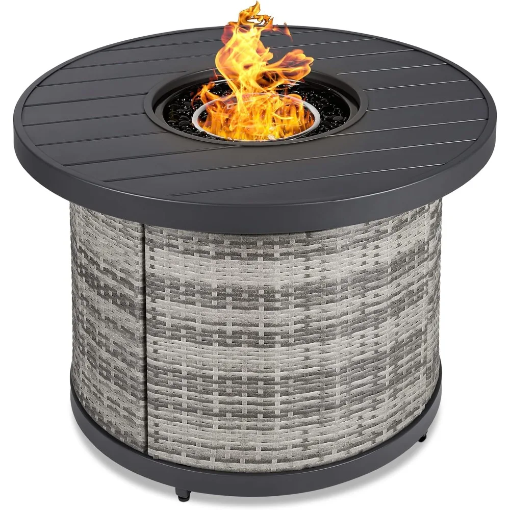 

32in Round Gas Fire Pit Table, 50,000 BTU Outdoor Wicker Patio Propane Firepit W/Faux Wood Table