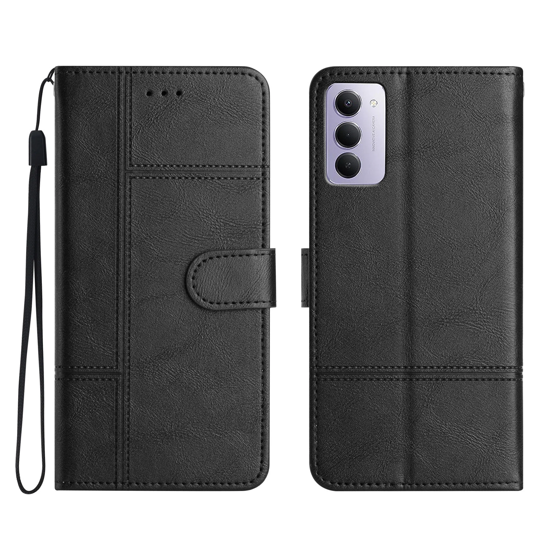 

For Xiaomi Redmi 15 5G (Global) (169mm) Wallet Case Line Imprinted Cowhide Texture PU Leather Phone Cover - Black