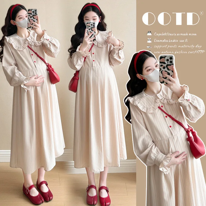 

Новинка 2023 года, платье для беременных в корейском стиле, весенне-осеннее милое свободное платье-рубашка с кукольным воротником и длинными рукавами