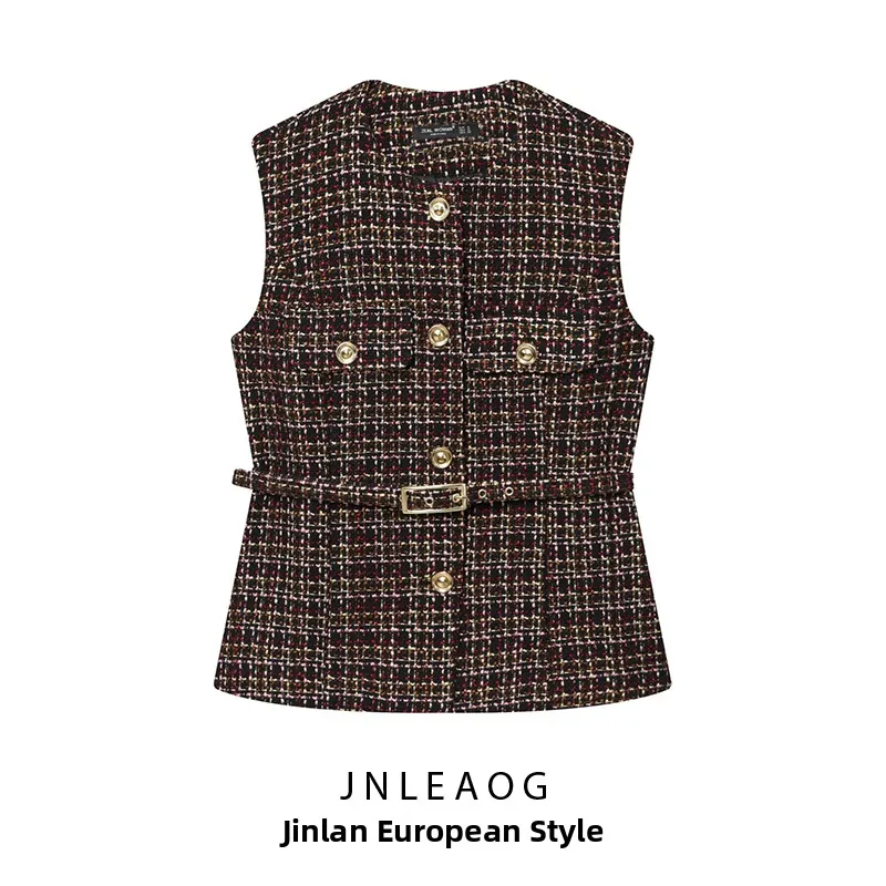 Chaleco Texturizado a la Moda JNLEAOG para Mujer, con Cinturón Decorativo, Nuevo Diseño Otoñal, Corte Casual Estándar, Chaque...
