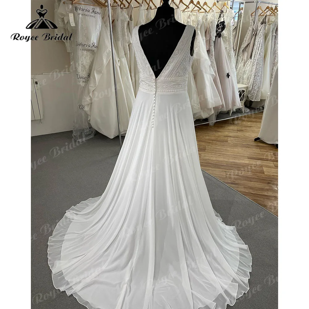 Robe Chic V Neck Boho Beach Lace Chiffon A Line Wedding Dress for Bridal 2024 Sleeveless Wedding Gown abiti sposa Roycebridal