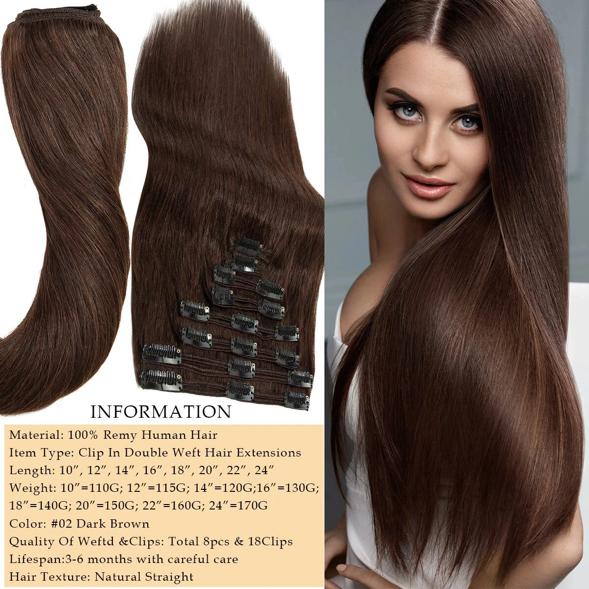 

Human Remy Hair Hair Weft 7pcs 14inch Straight Clip In Hairpiece #2 #1001 More Fullness & Length Natural Daily Wholesale Dropshi
