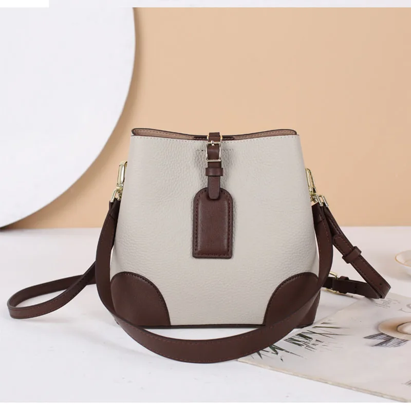 

Leather Color Blocked Bucket Bag, 2025 Autumn And Winter New Trendy Versatile Women's Bag, Single Shoulder Diagonal Cross Bag