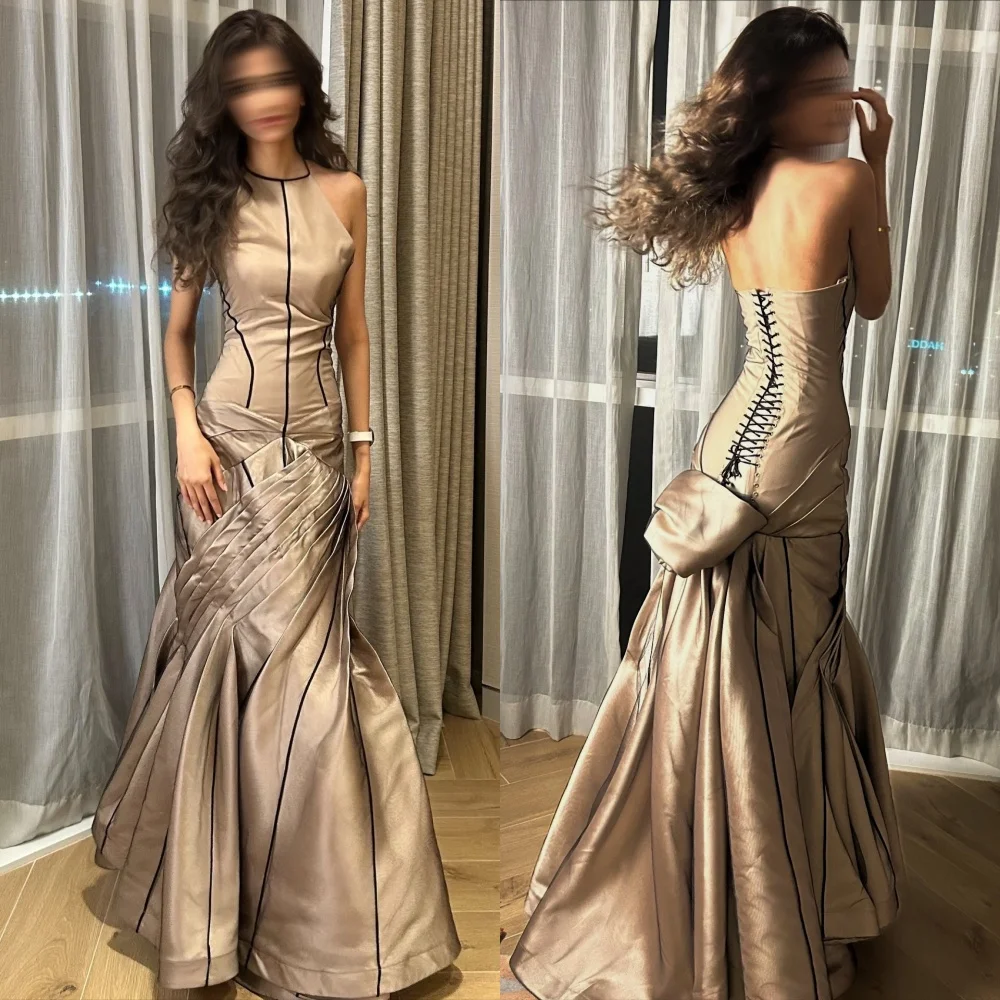 

Customized Pleat Lace-up Halter Backless Chic Mermaid Long Dresses Bespoke Occasion Fashion Formal Evening Dress High Quality
