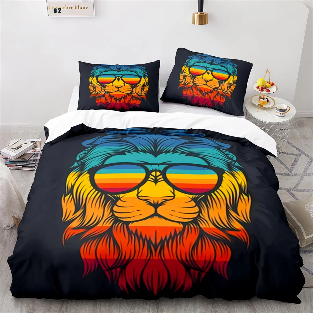 Lion Duvet Cover Set 3D Print Wild Animals with Glasses King Queen Size for Adults Teens Bedding Set Polyester Comforter Cover