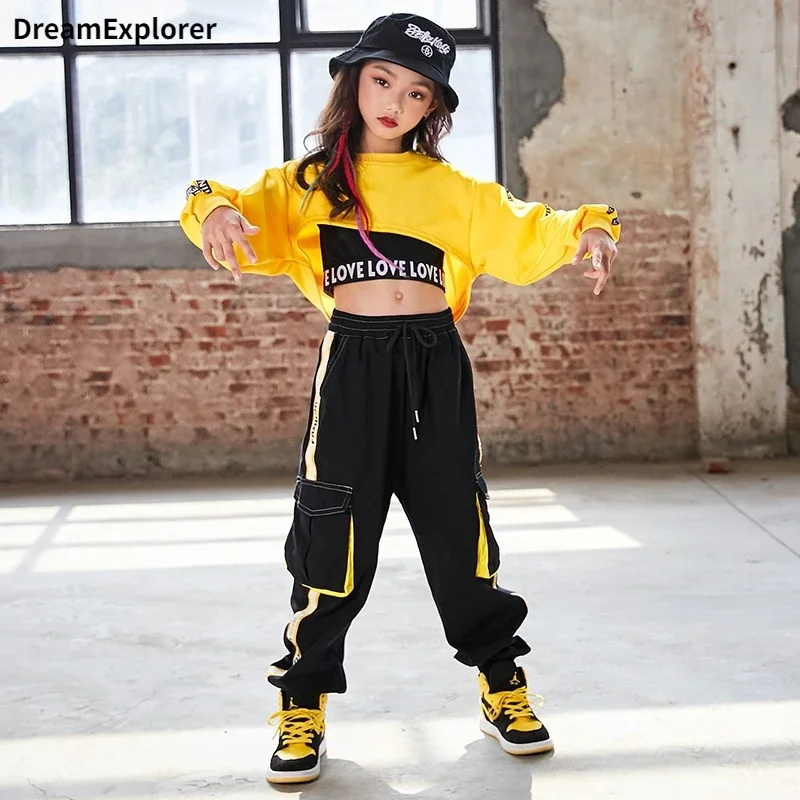 Hip Hop Meisjes Crop Top Contrast Straat Dans Cargo Broek Kinderen Sweatshirt Joggers Kids Streetwear Jazz Kostuums Kleding Sets