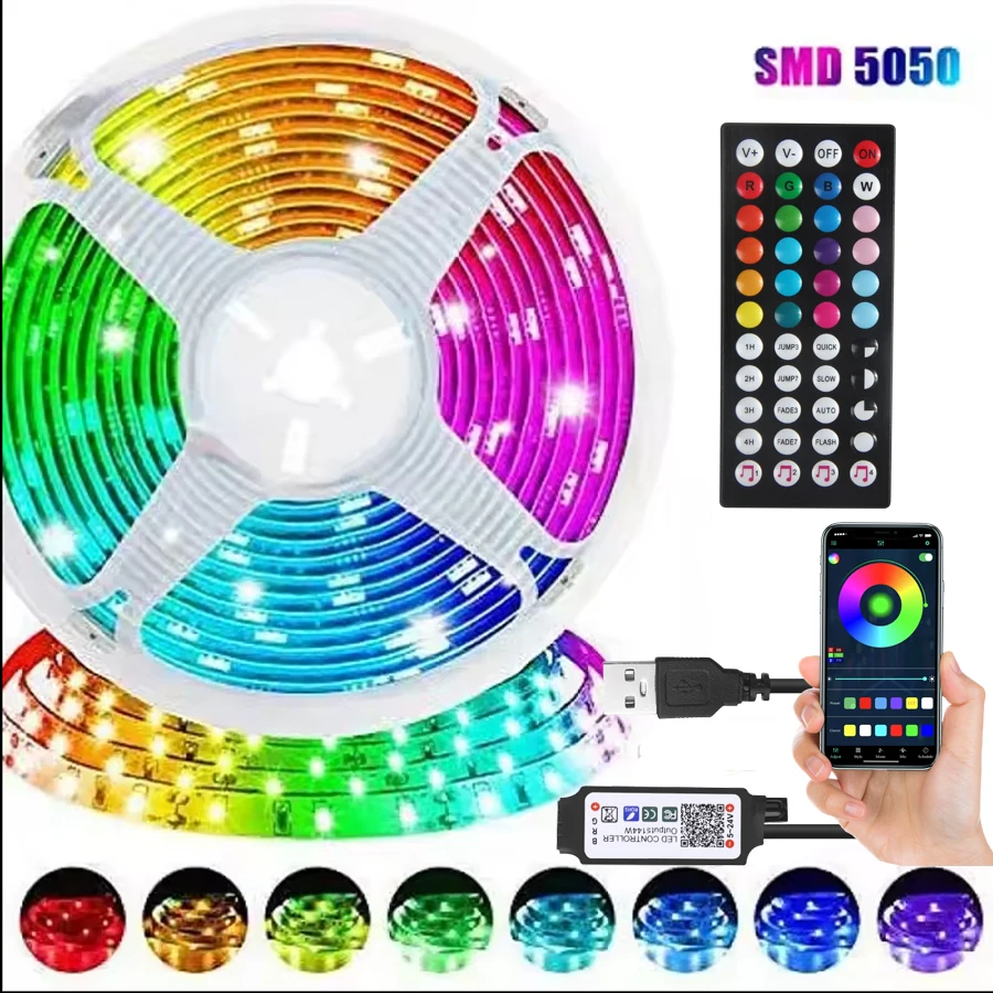 1-30M Led Strip Lights Bluetooth APP Control With 44Key Remote RGB Music Sync TV LED Backlight for Room Party Decoration