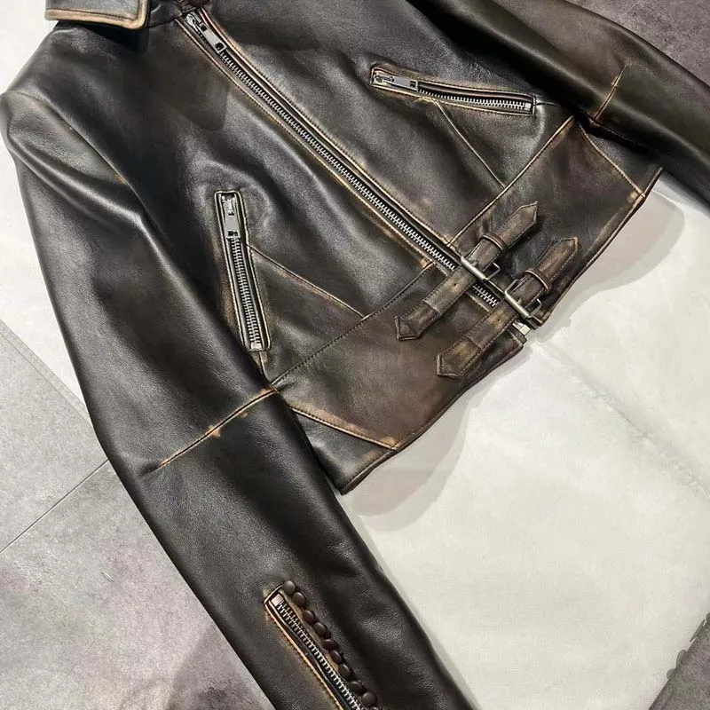 High Quality Women Coat Spring 2024 Genuine Leather Jacket Do The Old Wear Process Turn-Down Collar Lace-up Decorations