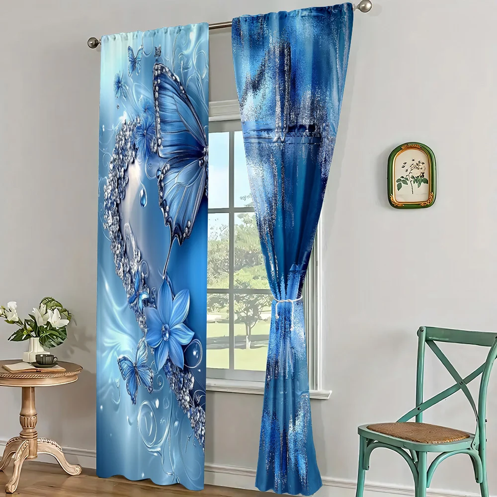 2Pc Blue Heart Butterfly Curtain With Rod Hole Curtain Perfect For Bedroom Office Kitchen Living Room Study Home Decor_ai8 - Image 2
