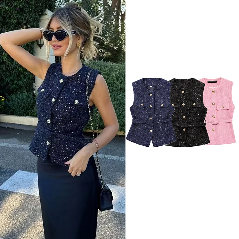 

Spring Vest Jackets Women's 2025 New Jacket Coat Fashion Slim Belt O-neck Street Joker Youth Coat Vest