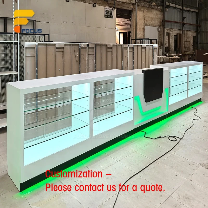 custom.White Retail Tempered Glass Display Showcase Counter LED Lighting Custom Commercial Shop Fixture Cabinet