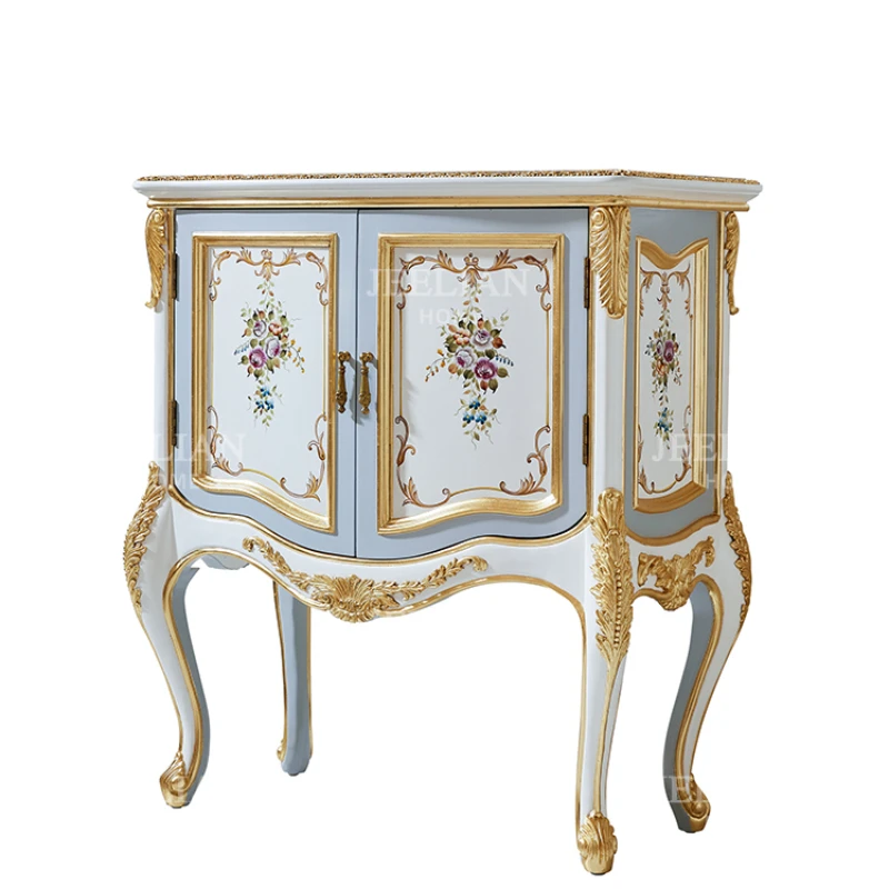 Luxury living room solid wood decorative cabinet in French style, exquisite and romantic hand drawn flower painting, gold foil