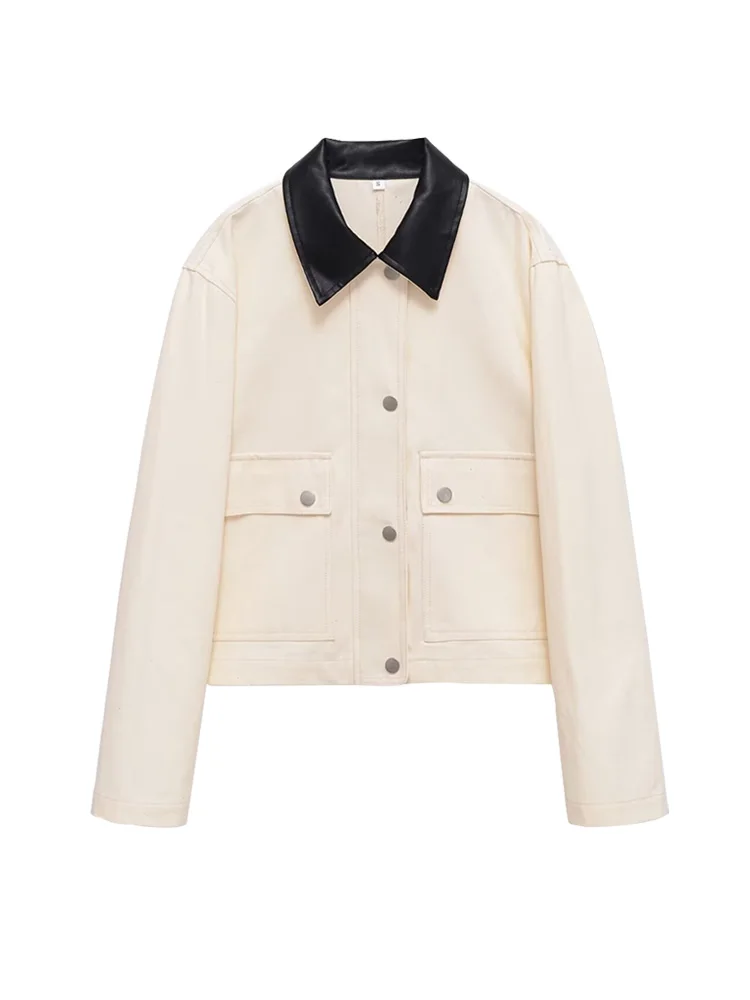

Women's Patchwork Leather Collar Jacket Coat Long Sleeve Chic Outerwear with Front Pockets Fashionable Female Top