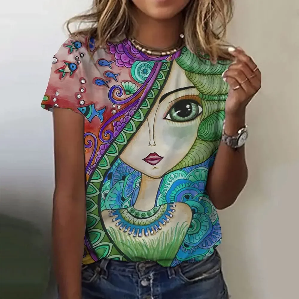 Summer Oversized Harajuku Colorful Harajuku O-neck Shirts Women Tees Fashion 3d Floral T-Shirts Girls Face Painting Short Sleeve