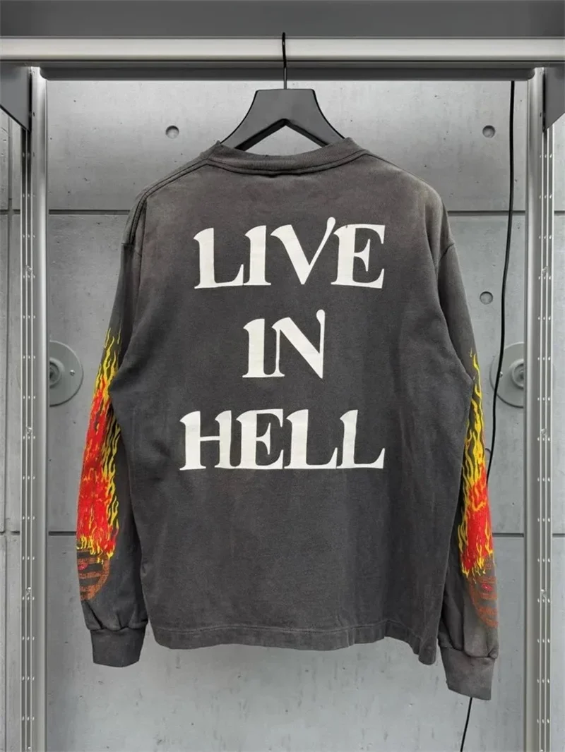 25SS Pure Cotton Saint Michael Hip Hop Hoodies Men Women 1:1 Washed Black Flame Pattern Long Sleeved T Shirts