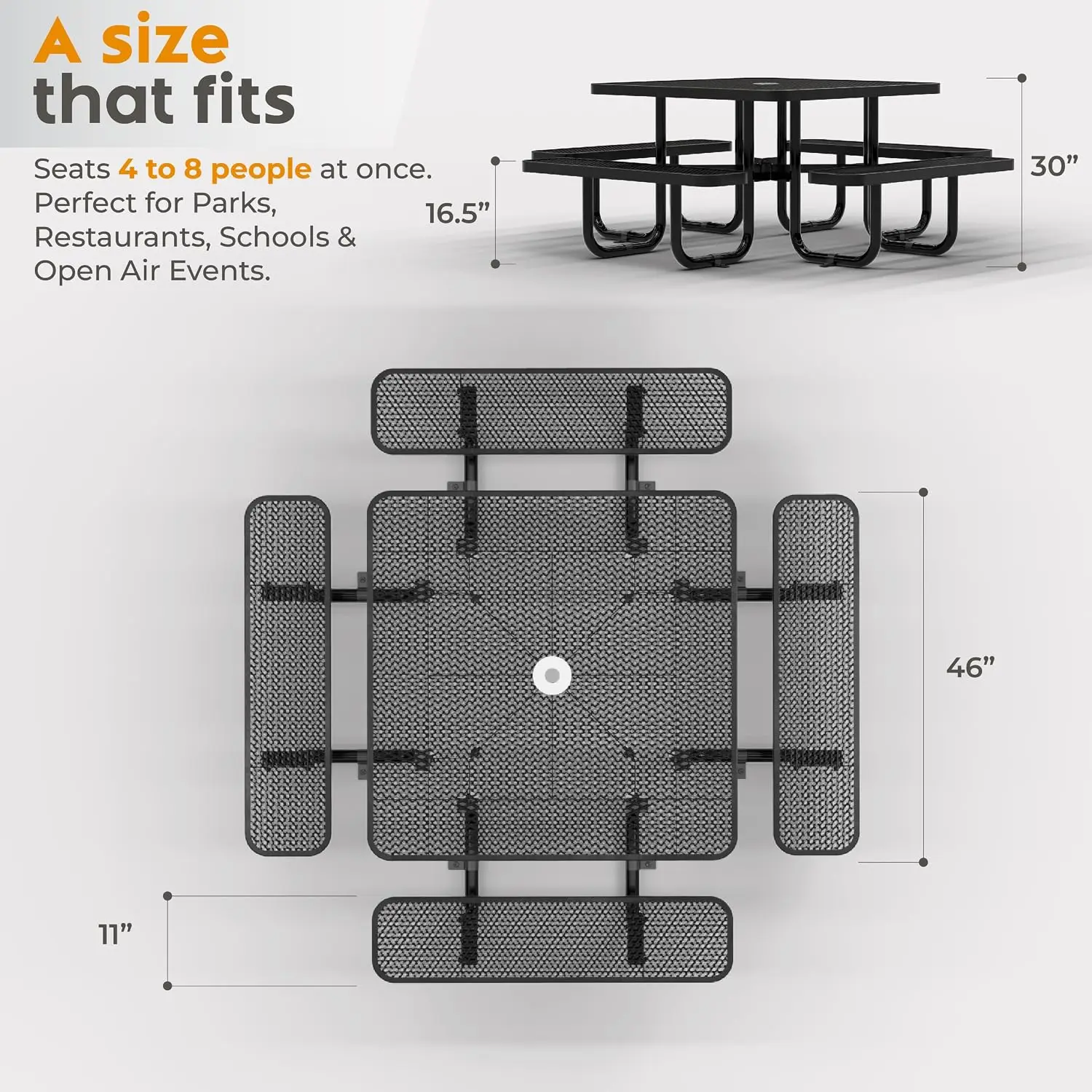 Commercial Metal Picnic Table (Black, 46in Square, Expanded Steel)