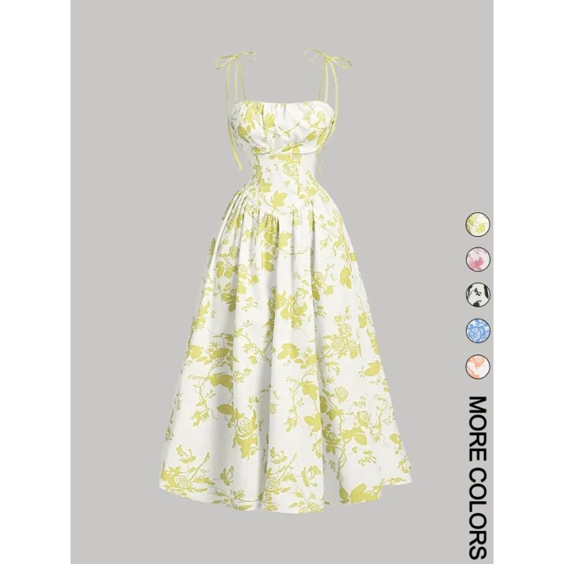 Retro Style Floral Print Bandeau Dress Butterfly Knot Strapless Knee-Length Polyester Fiber Empire Waist Cross-Border New Model