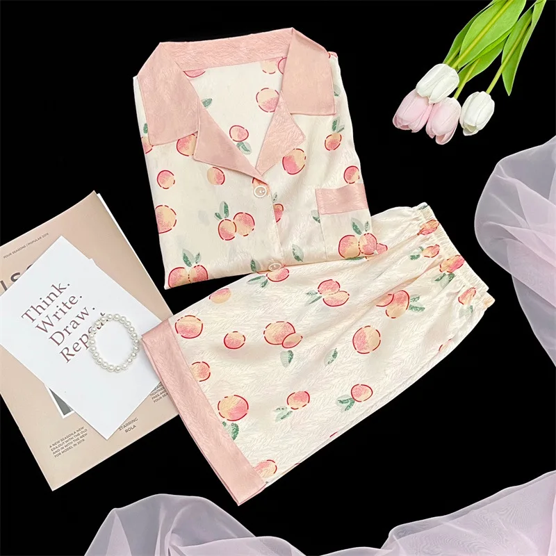 Summer Cartoon Peach Pattern Small Fresh Short Sleeve Shorts Popular Simulation Silk Set Homewear Lovely Youth Lady\'s Loungewear