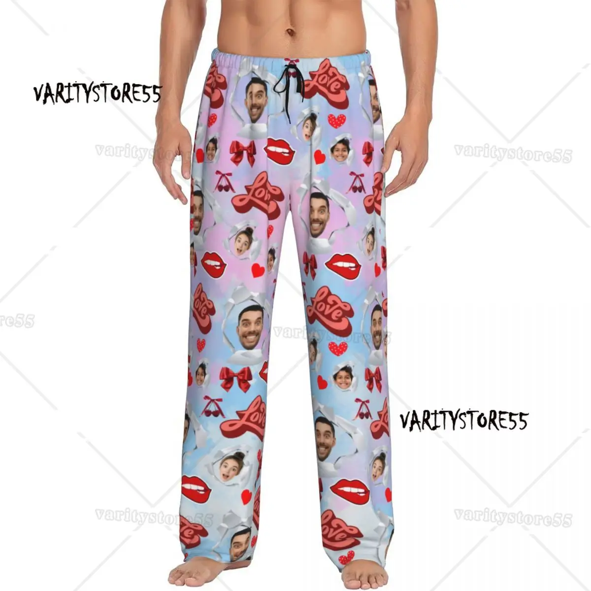 

Custom Printed Hole Three People Face Pajama Pants Men Family Gift Sleep Sleepwear Bottoms with Pockets