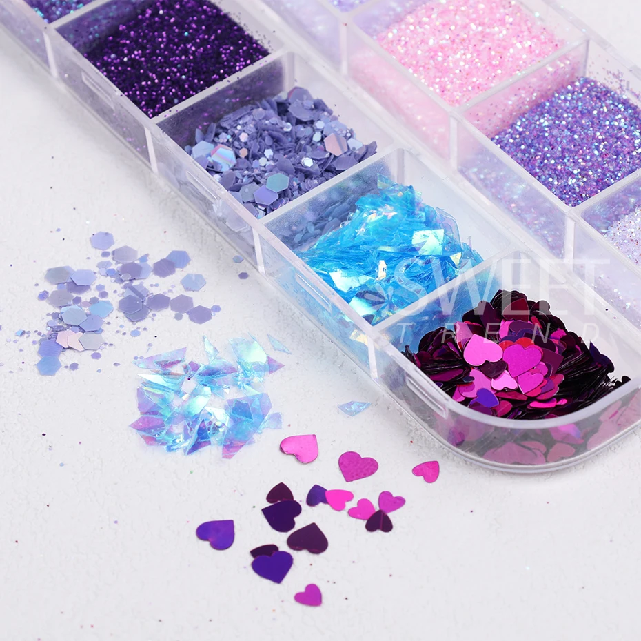 12 griglie serie viola glitter per unghie olografico zucchero scintillante polvere per unghie cuore misto scaglie esagonali decorazione manicure lucida