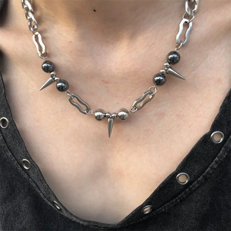 Punk Spike Cone Beaded Choker Necklace Stainless Steel Mixed Paperclip Chain Gothic Rock Hip‑hop Unisex Men Women Neck Jewelry