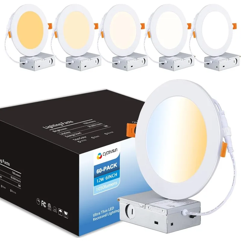 

Home.60 упаковок встраиваемого освещения, 6-дюймовый ультратонкий вафельный светильник без потерь, потолочный светильник с распределительной коробкой, регулируемой яркостью и 5 цветов