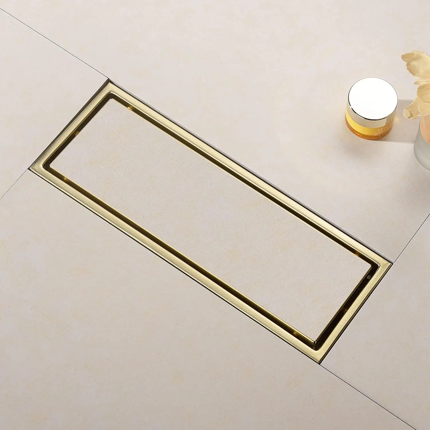 12-Inch Linear Shower Drain Brushed Gold Tile Insert Grille Detachable Hidden Cover SUS304 Stainless Steel Rectangular Hotels