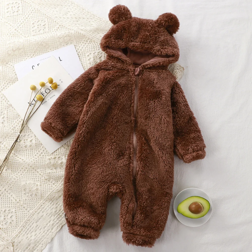 Winter Baby Rompers Girls Solid Fleece Warm Soft Bear Ear Jumpsuit  Infant Hooded Long Sleeve Skin-Friendly Rompers Baby Clothes