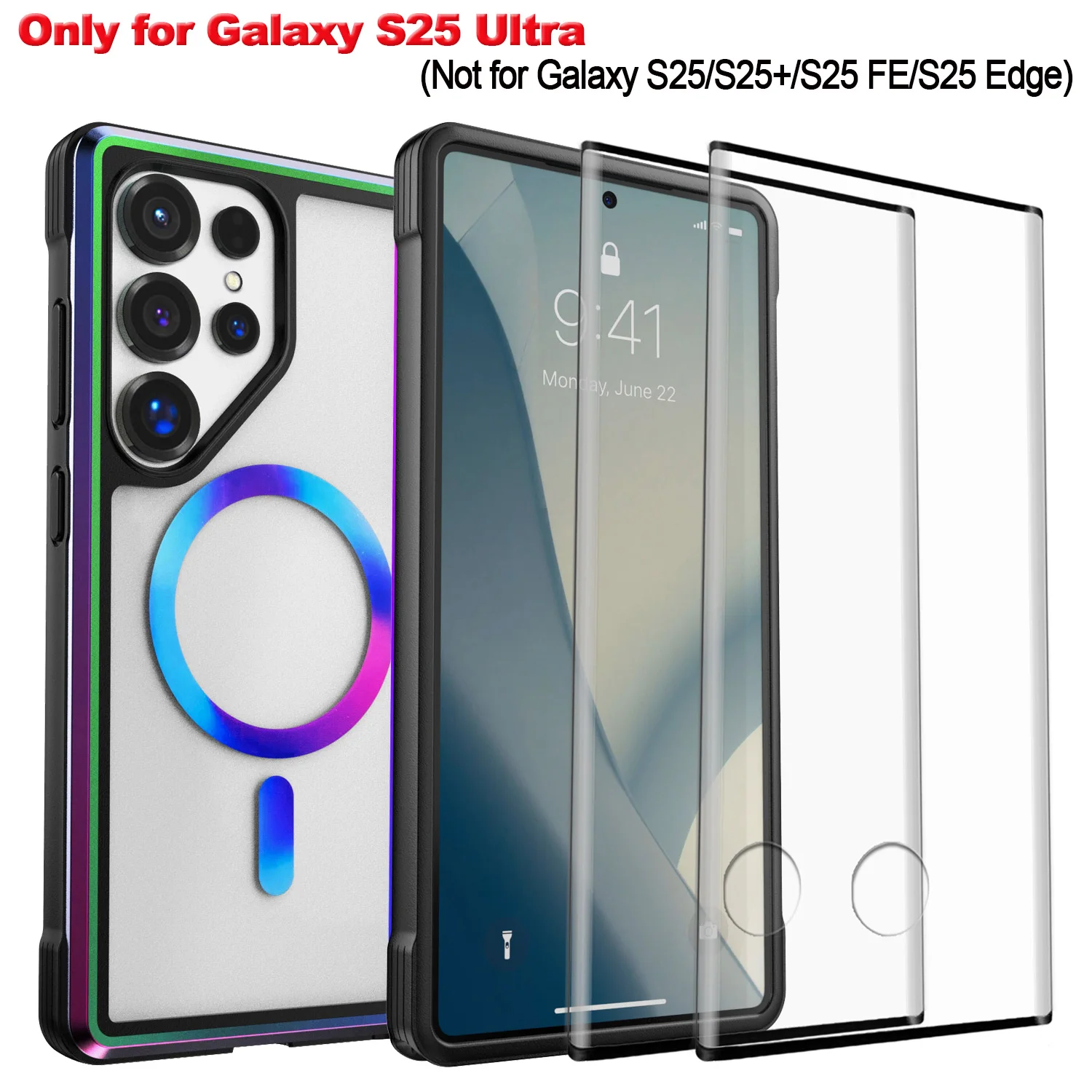 

Многоцветный тонкий противоударный магнитный чехол для Samsung Galaxy S25 Ultra (6.9 дюймов) с 2 защитными стеклянными пленками из закаленного стекла