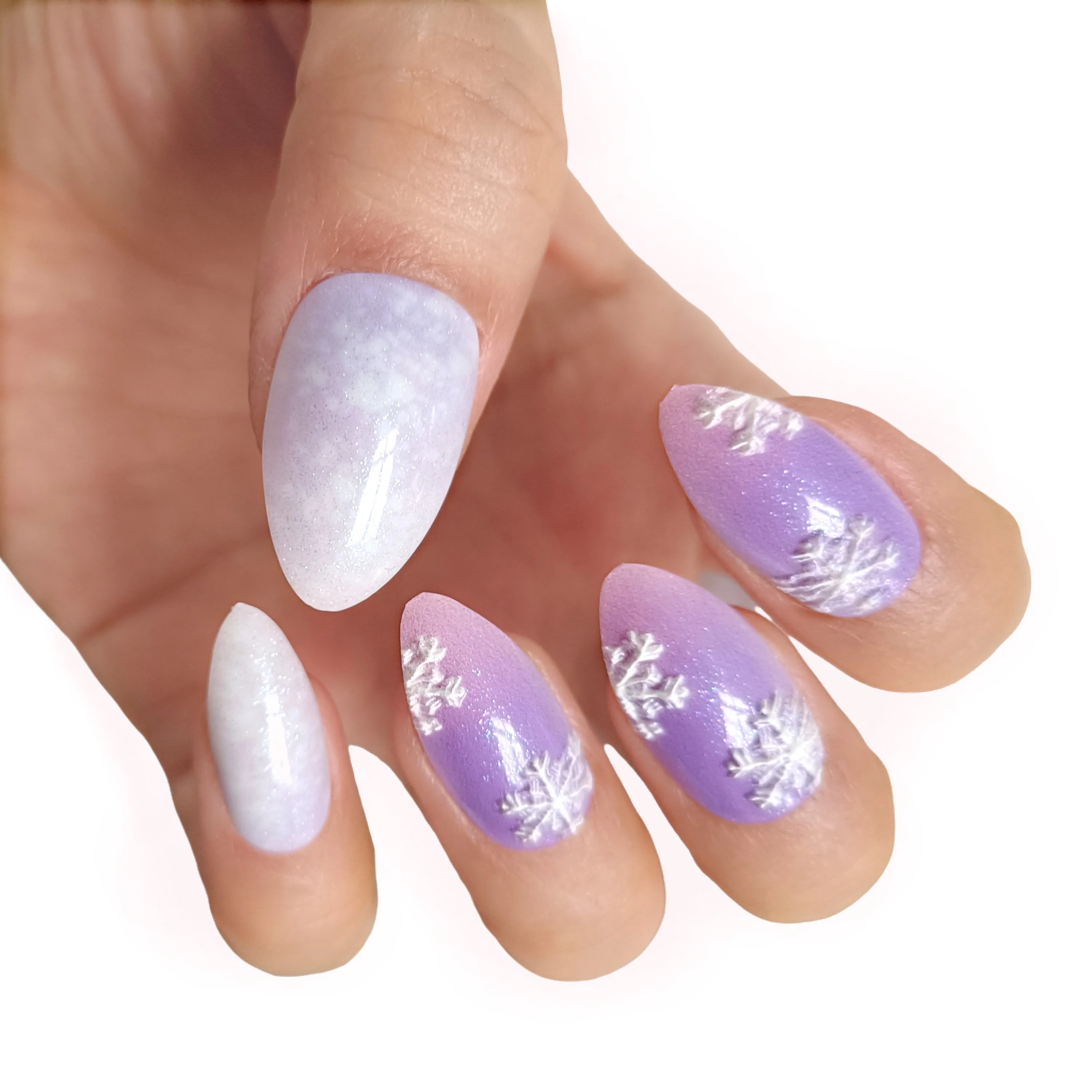 

24Pcs Short Stiletto Fake Nails With Glue Stickers 3D Snowflake Glitter Purple Press On Nail Artificial DIY Manicure Accessory