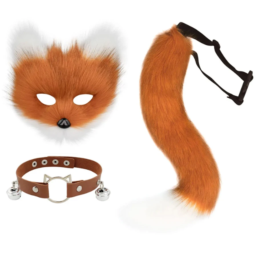 Faux Fur Fox Mask Wolf Cat Fluffy Tail and Leather Necklace Set Halloween Party Cosplay Costume Accessory
